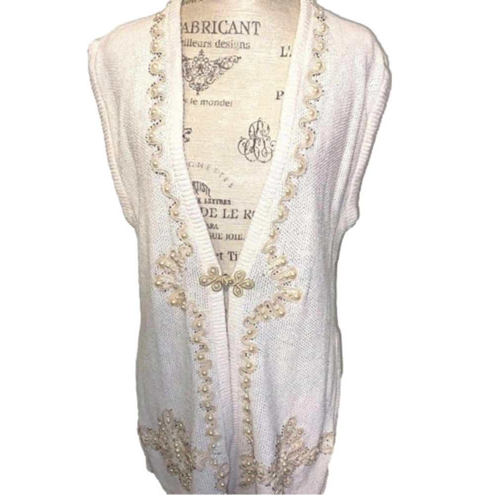 VTG IB Diffusion Silk Beaded Sweater Vest Cardigan Embroidered Faux Pearls Sz M